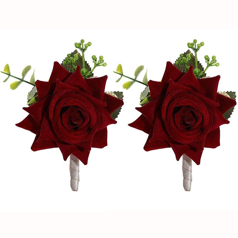 Campsis Wedding Flower Boutonniere Groom Rose Buttonholes Prom Suit Decoration for Men(Red Wine) - Image 1
